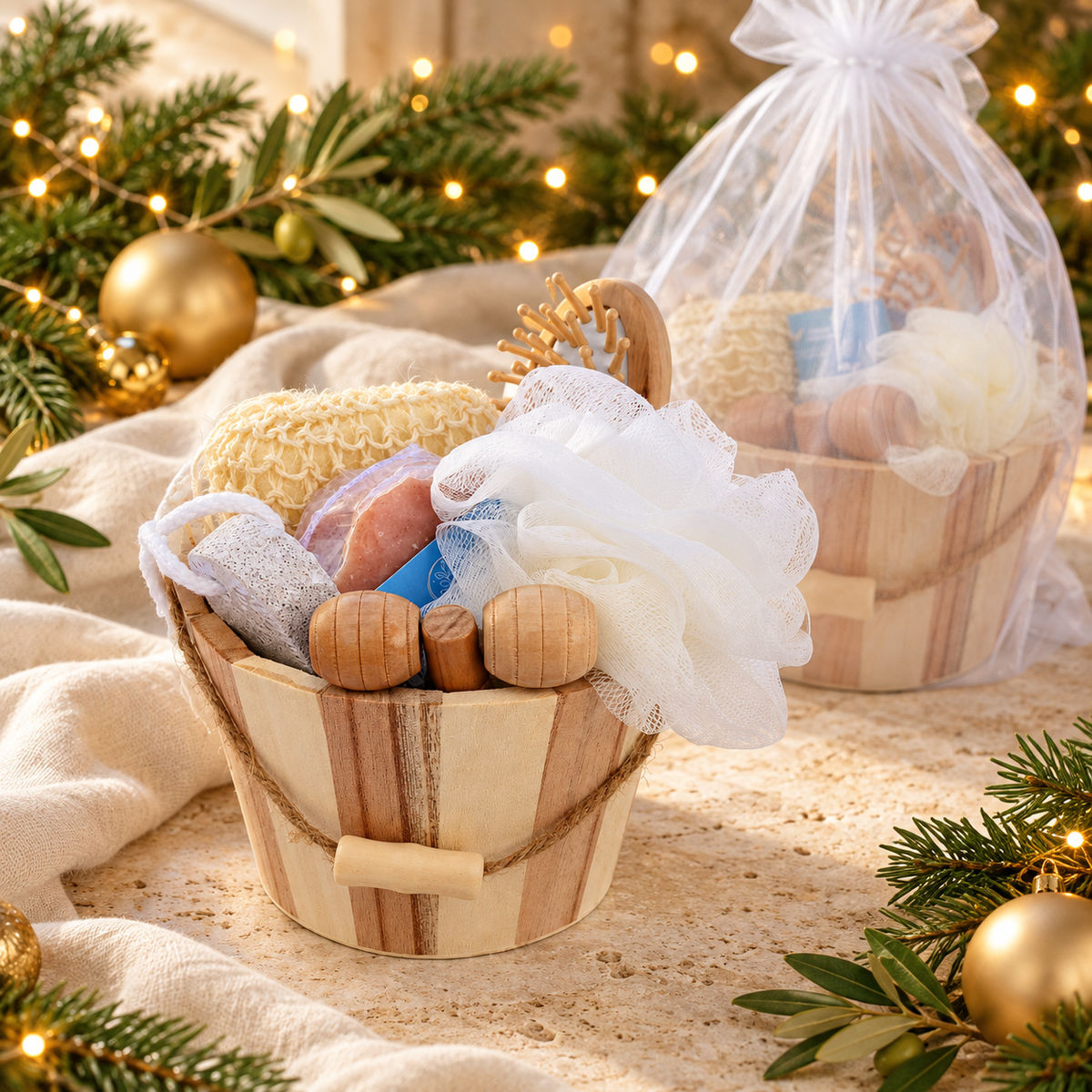 Set Regalo Benessere Bagno con Cestino in Legno – Speciale Natale